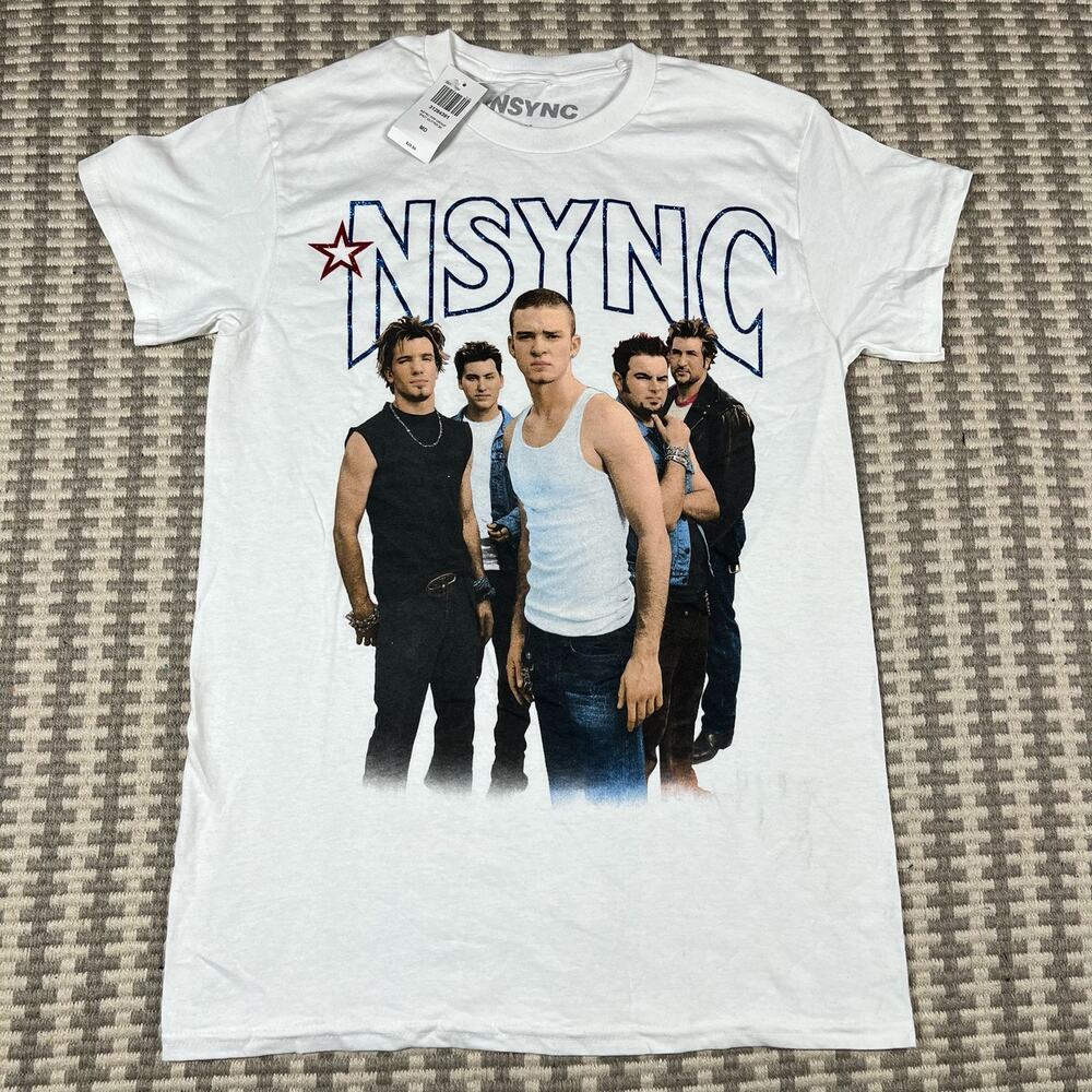 NSYNC Glitter Logo Boyfriend Fit Girls‎ White T Shirt Women’s Sz M New